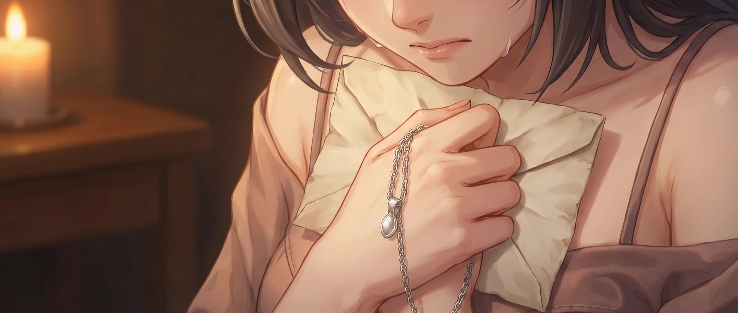 Anelise, a young woman, holding a folded letter to her chest with a silver pendant in her hand, soft tears on her cheek, candlelight beside her.
