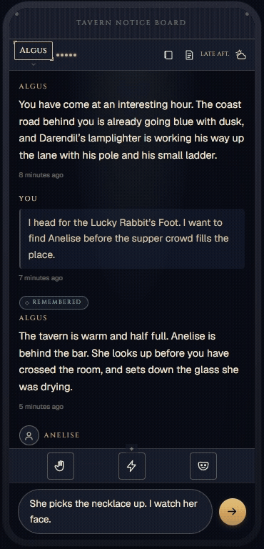 Branching Skies mobile app showing a chat-loop conversation between Algus the narrator and the player, with the REMEMBERED memory pill firing and Anelise emerging as an NPC.