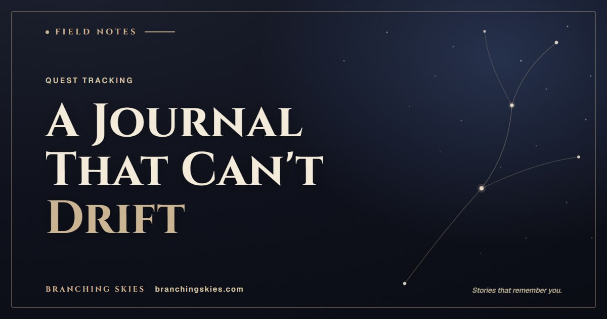 Editorial card reading A Journal That Cannot Drift, from the post on an AI RPG that tracks quests, Branching Skies.