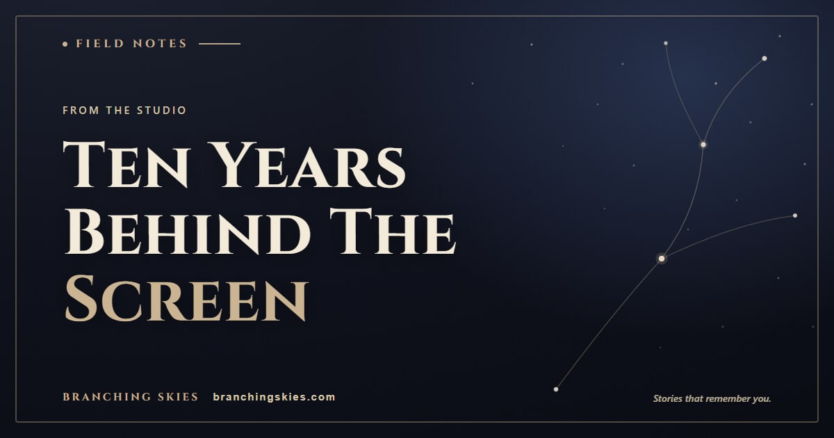 Editorial card reading Ten Years Behind The Screen, from the studio post on building an AI Game Master from a decade of tabletop, Branching Skies.