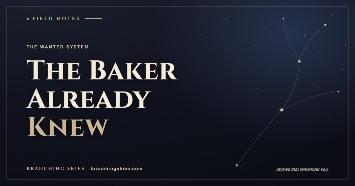 Editorial card reading The Baker Already Knew, from the post on games where NPCs remember what you did, Branching Skies.