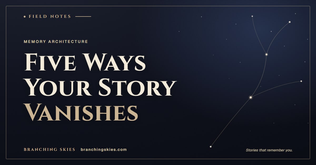 Editorial card reading Five Ways Your Story Vanishes, from the post on why every AI RPG forgets your story, Branching Skies.